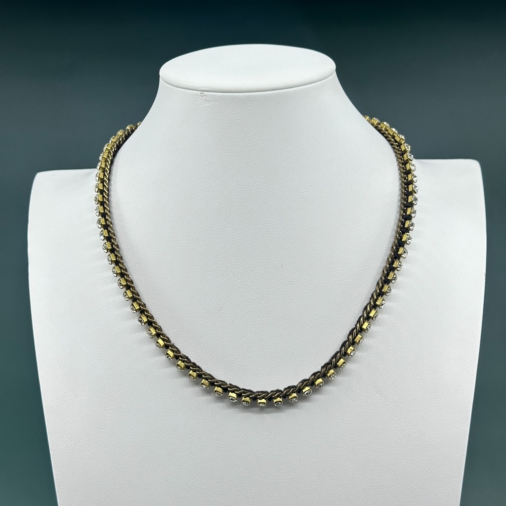 Gold Tone Clear Rhinestone Chain Necklace Black Cord Glam Statement Layering